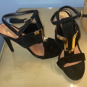 Vince Camino black velvet strap hells with gold accent